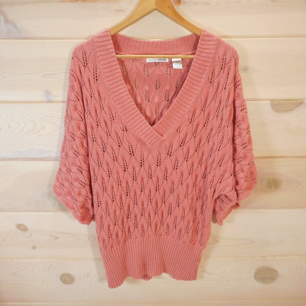 Envision Studio Women's plus size 1X Deep V-neck Sweater Linen Blend Salmon Pink
